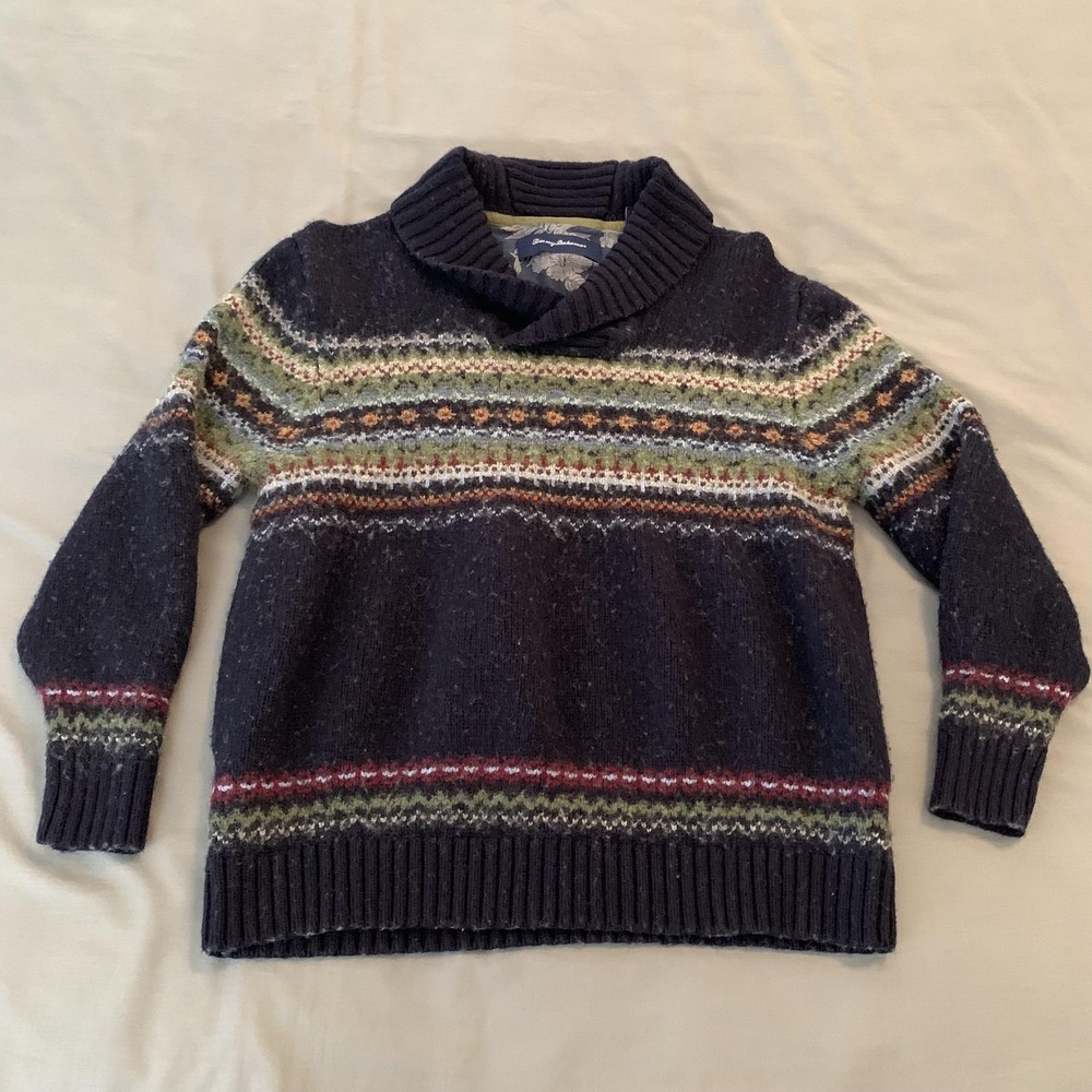 Tommy Bahama Sweater‎ Womens XL Blue Fair Isle Shawl Collar Knit Pullover Winter